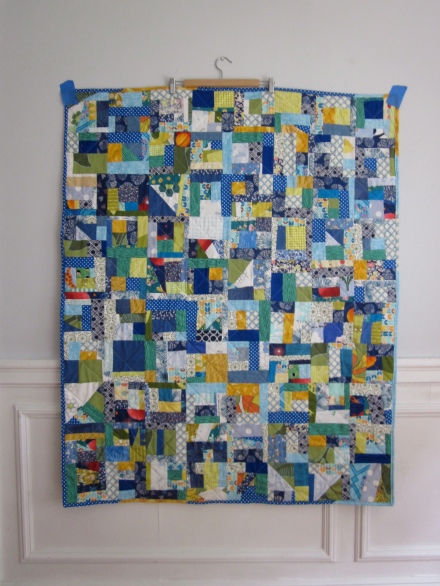scrappy quilt in blue